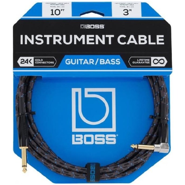 Boss 10ft Instrument Cable Straight/Angle 1/4 Inch jack - Woven Series Gold Contacts