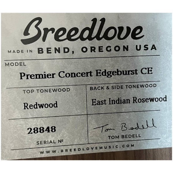 Breedlove USA Premier Concert Edgeburst Cutaway Acoustic Electric Redwood Ser#: 28848