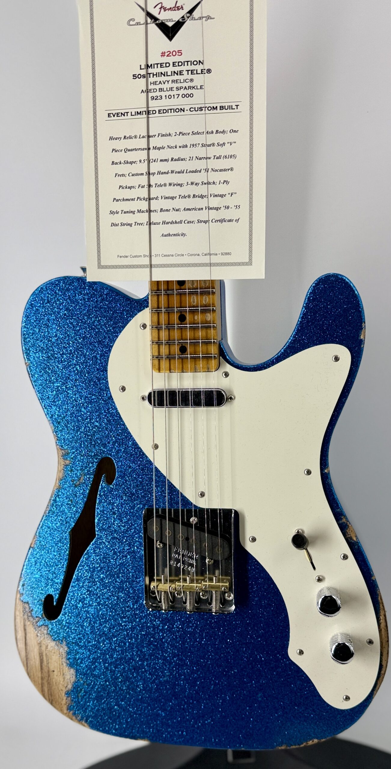 Fender USA Custom Shop Limited Edition 50s Thinline Tele Heavy Relic Aged Blue Sparkle - Image 2